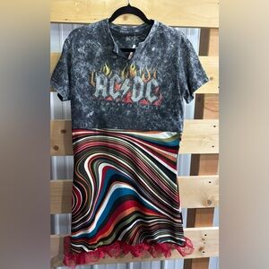 Upcycled AC/DC T with polyester/spandex skirt and lace hem, by Susie.